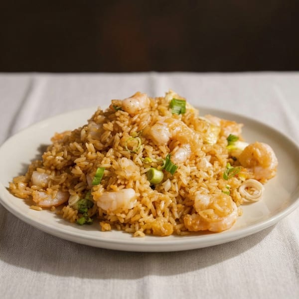 A plate of shrimp fried rice with green onions on a white tablecloth.