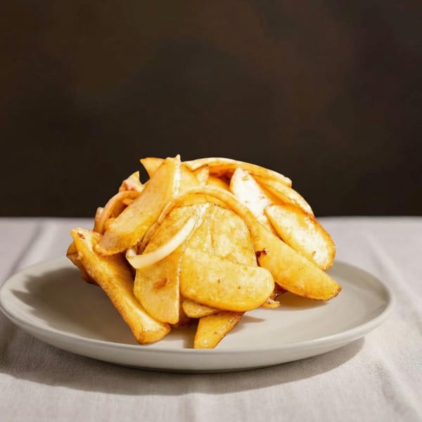 A plate of golden-brown potato wedges, some with visible onion slices, on a white tablecloth.
