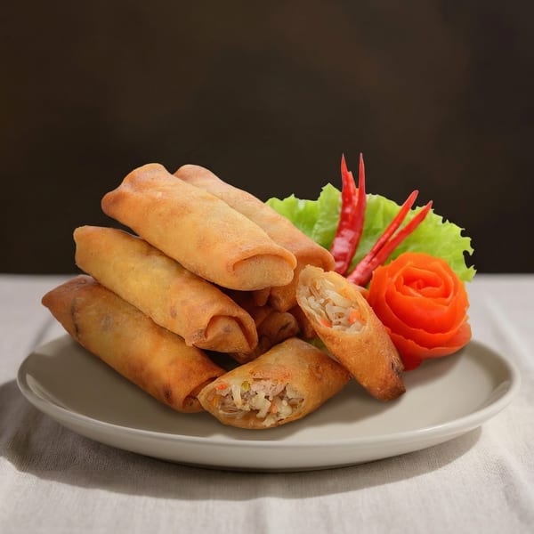 Golden-brown spring rolls, one cut open to show filling, garnished with lettuce, red chilies, and a tomato rose.
