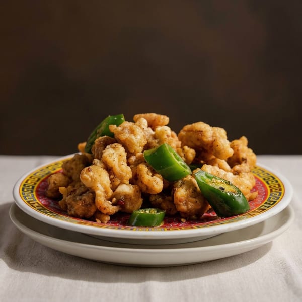 Crispy fried chicken pieces with sliced green chilies on a decorative plate.