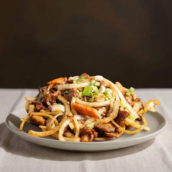 A plate of stir-fried meat and vegetables, including onions, carrots, and green onions.