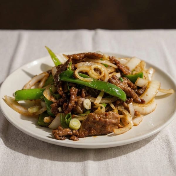 A white plate holds stir-fried beef with green peppers and onions on a white tablecloth.