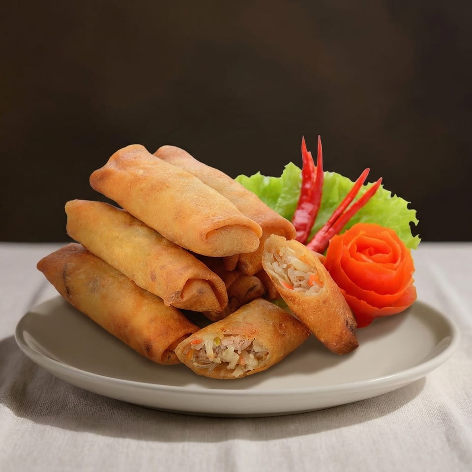 Golden spring rolls, one cut open to show filling, with lettuce, red chilies, and a tomato rose.